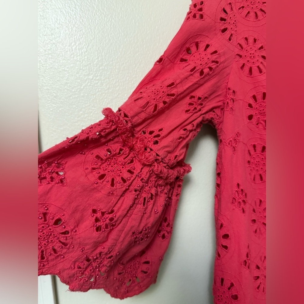 Anthropologie Eyelet Ruffle Dress with beaded sleeve and pockets - Picture 3 of 13